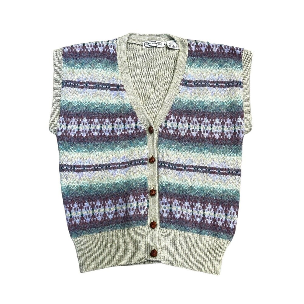Vtg Stone Canyon Women’s Med Fair Isle Wool Blend Button Up Sweater Vest 1980s